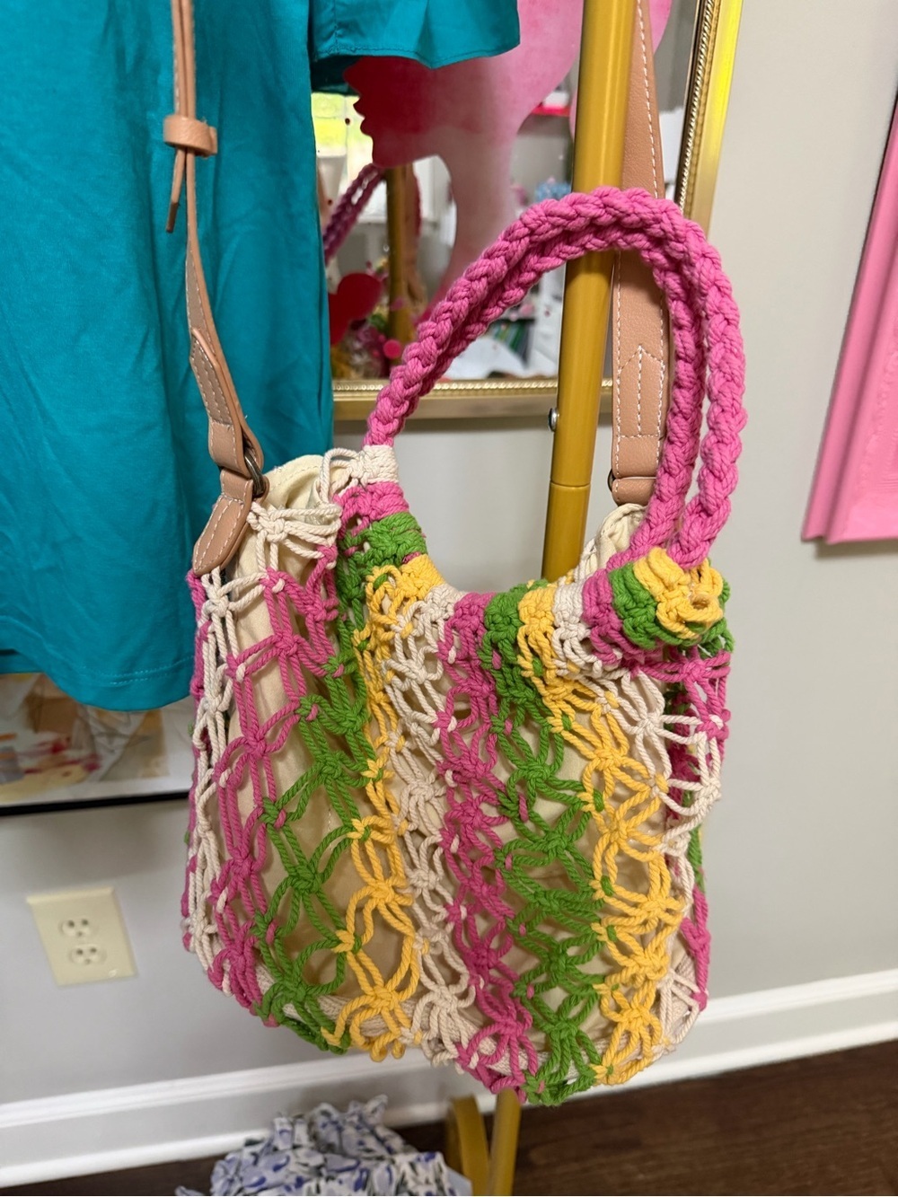 Target Multicolor Crochet Tote with Braided Pink Handle